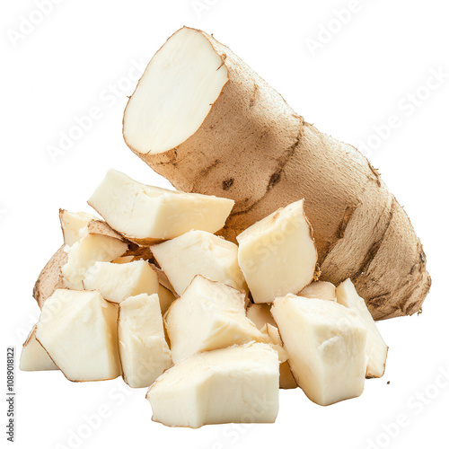 Fresh, raw horseradish root and chopped pieces for culinary use., isolated on a transparent background. photo