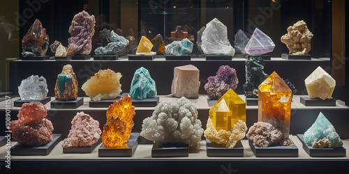 Wystawa minerałów i skał, eksponująca ich szczegółowe tekstury i różnorodność, ukazuje fascynujące bogactwo geologicznego świata w harmonijnym, uporządkowanym układzie. photo
