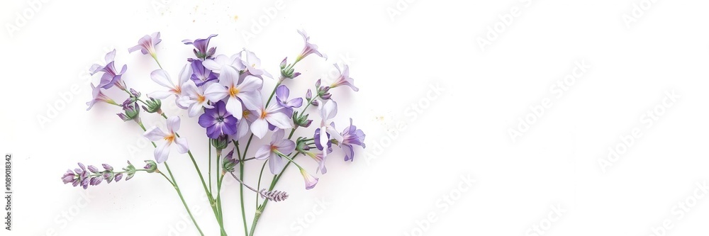 A gentle cluster of lavender blooms in various stages of bloom, captured in a watercolor style on a crisp white canvas, garden flowers, lavender flowers A gentle cluster of lavender blooms in various stages of bloom, captured in a watercolor style on a crisp white canvas, garden flowers, lavender flowers