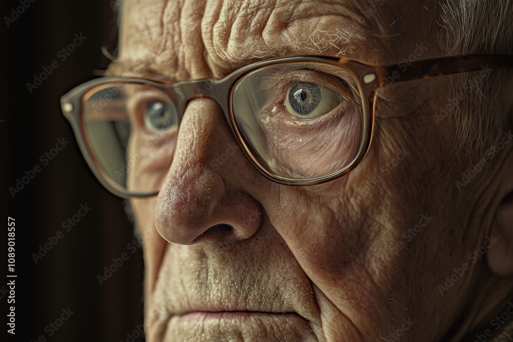 Close-up of elderly Caucasian man's face with deep, contemplative gaze through glasses, showcasing wisdom and experience in softly lit setting. Close-up of elderly Caucasian man's face with deep, contemplative gaze through glasses, showcasing wisdom and experience in softly lit setting.