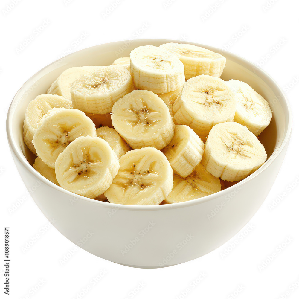 Freshly sliced bananas in a bowl, perfect for healthy snacks and dessert recipes., isolated on a transparent background. Freshly sliced bananas in a bowl, perfect for healthy snacks and dessert recipes., isolated on a transparent background.