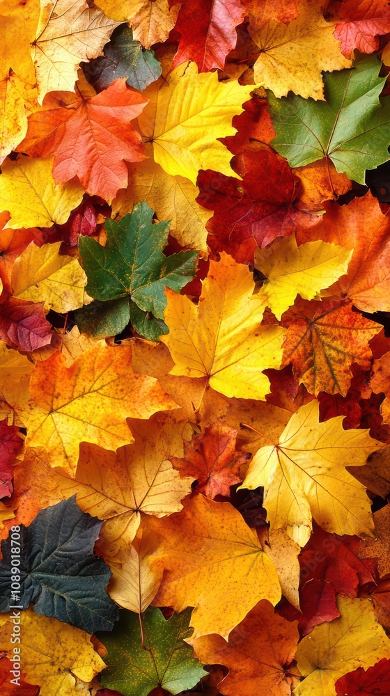 Fototapeta premium A vibrant display of autumn leaves in shades of yellow, orange, red, and green, with rich textures and intricate veining, capturing the warmth and beauty of the fall season in a layered composition.