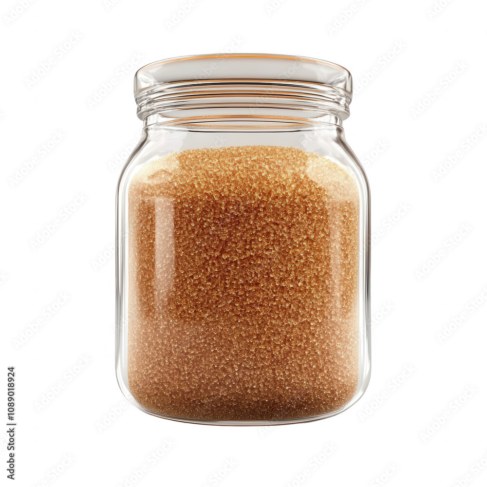 Glass jar filled with brown sugar, perfect for cooking and baking recipes., isolated on a transparent background. Glass jar filled with brown sugar, perfect for cooking and baking recipes., isolated on a transparent background.