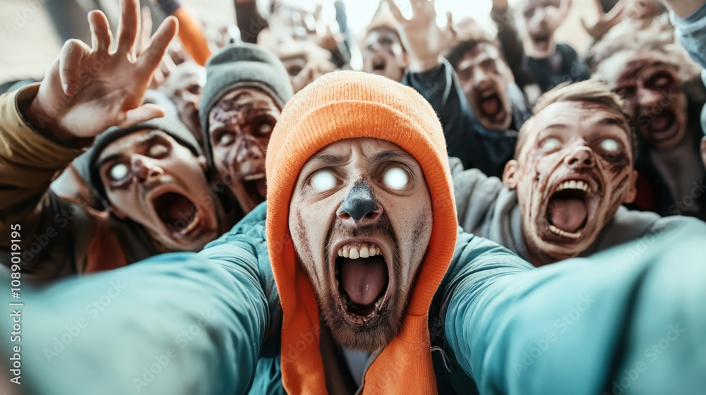 Close-up of a group of people in zombie makeup with glowing eyes reaching towards the camera, expressing aggression and intensity, possibly staged for a horror theme or event. Close-up of a group of people in zombie makeup with glowing eyes reaching towards the camera, expressing aggression and intensity, possibly staged for a horror theme or event.