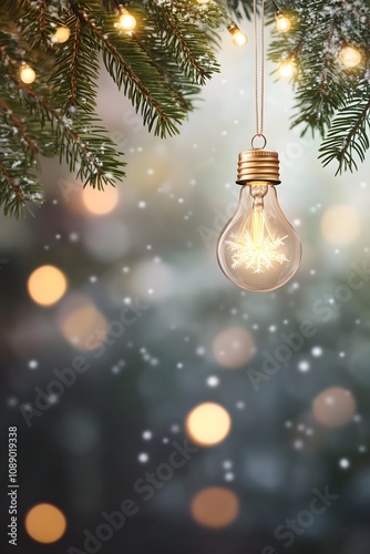 Lighted lightbulb hanging from a Christmas tree garland on a snowy background. Warm and cozy feeling.