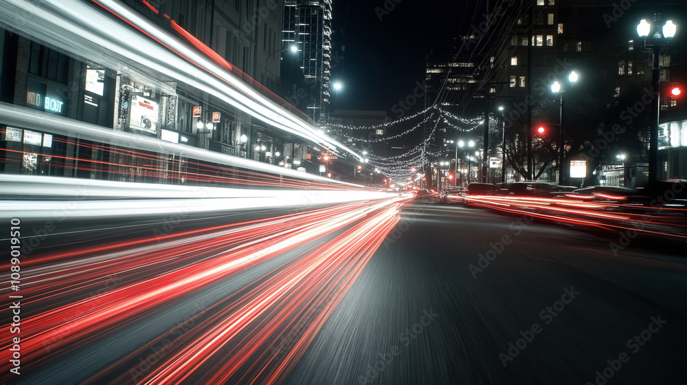 Long exposure photo of urban street at night showing light trails from vehicles, illuminated buildings, and street lamps. Long exposure photo of urban street at night showing light trails from vehicles, illuminated buildings, and street lamps.
