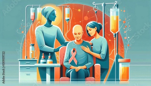Illustration of a patient receiving chemotherapy surrounded by medical professionals offering comfort and support during the cancer treatment process