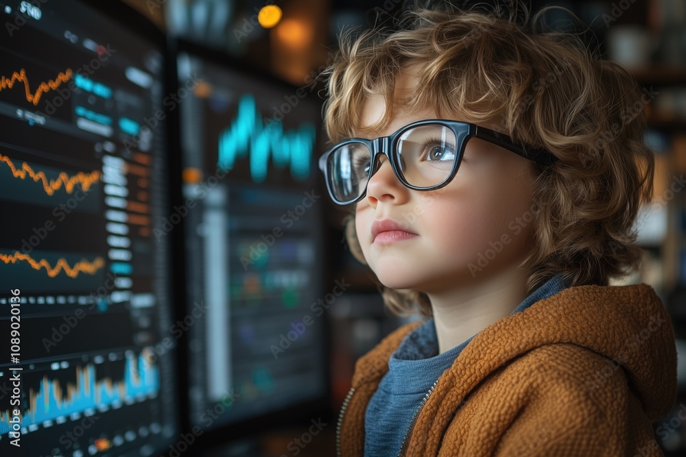 A child wearing glasses, standing at a large office desk while reviewing stock market charts on a computer monitor A child wearing glasses, standing at a large office desk while reviewing stock market charts on a computer monitor