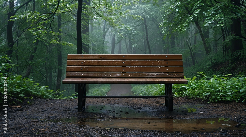 Solitary Wooden Bench in a Misty, Rain-Soaked Forest Path Solitary Wooden Bench in a Misty, Rain-Soaked Forest Path