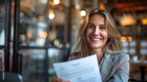 Fototapeta Naklejka Na Ścianę i Meble -  Smiling mature business woman hr holding cv document at job interview. Happy mid aged professional banking manager or lawyer consulting client sitting at workplace in corporate office meeting.