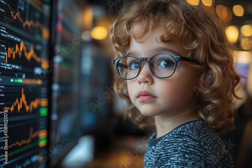 A child wearing glasses, standing at a large office desk while reviewing stock market charts on a computer monitor photo