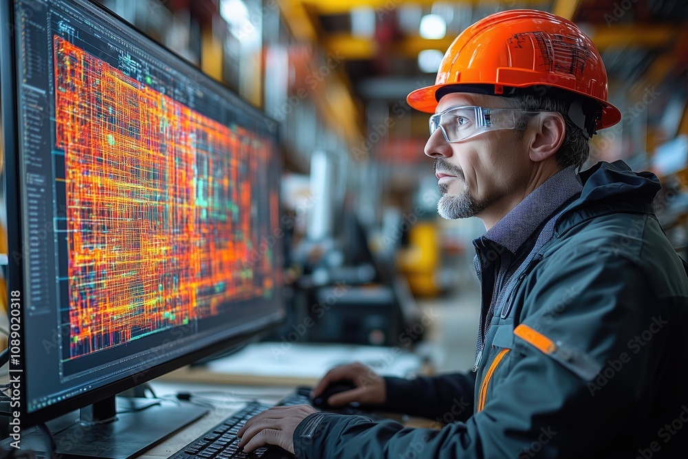 A civil engineer at a workstation, working on a computer simulation of a bridge project A civil engineer at a workstation, working on a computer simulation of a bridge project