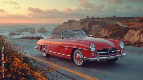 Classic Red Convertible Coastal Drive Sunset