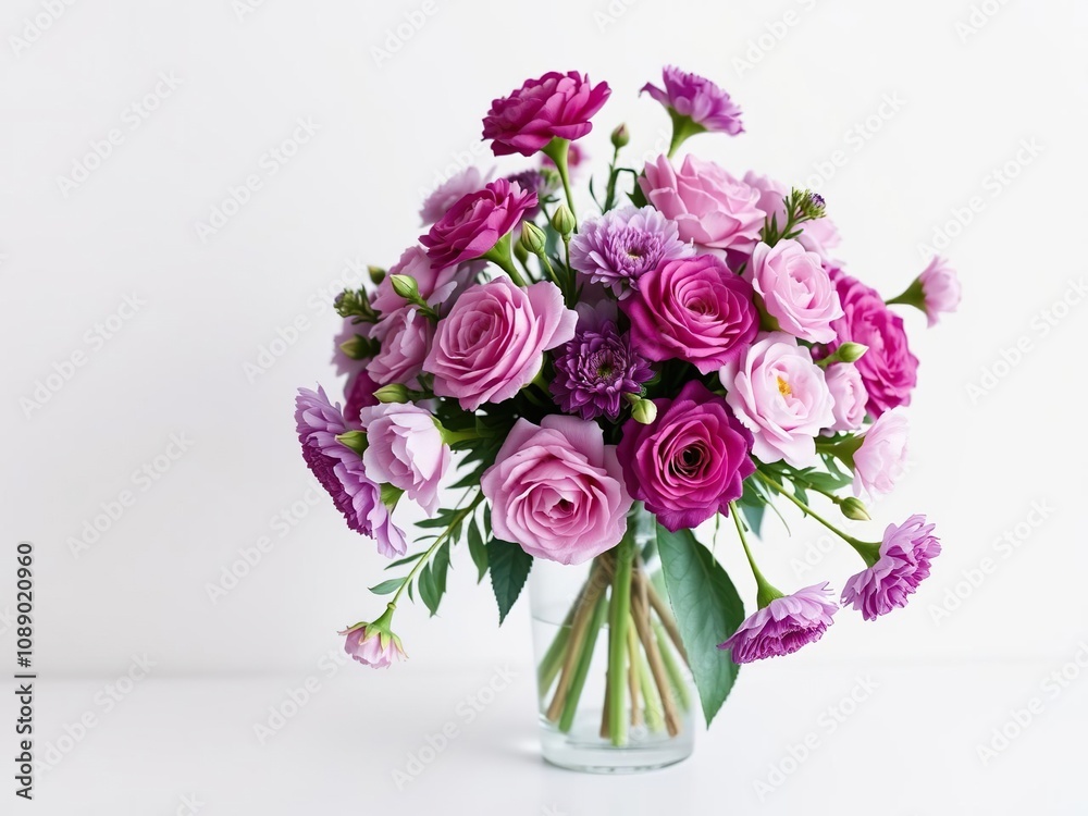 Obraz premium An elegant still life of a vase filled with a variety of purple flowers including roses and carnations, floral arrangement, luxury, elegance
