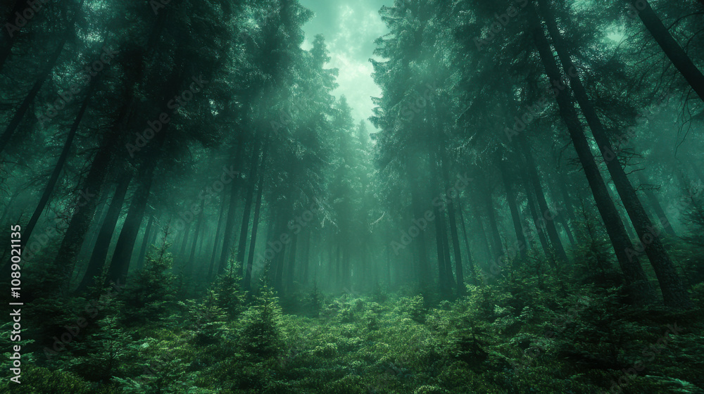 Obraz premium A mystical forest scene depicting dense trees and vibrant greenery under a misty atmosphere with soft light filtering through the canopy