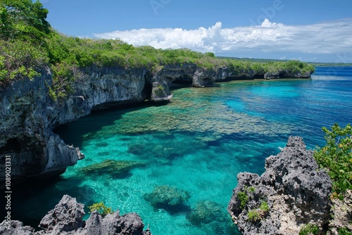 Top dow view from a cliff, overlooking crystal-clear turquoise waters with coral reefs in them.  photo