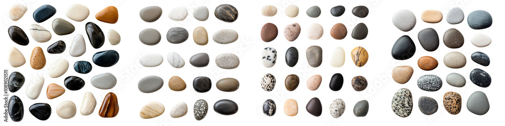 A collection of various smooth pebbles arranged in organized rows, showcasing diverse colors, shapes, and textures. A collection of various smooth pebbles arranged in organized rows, showcasing diverse colors, shapes, and textures.