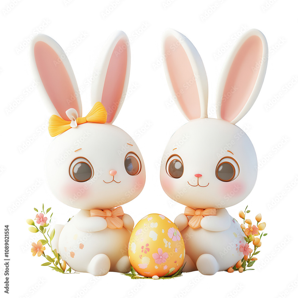 Obraz premium Two cute rabbits sitting near a decorated egg, surrounded by flowers in a joyful setting., isolated on a transparent background.