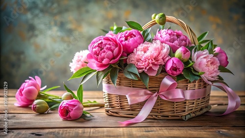 Fototapeta Naklejka Na Ścianę i Meble -  Pink peonies arranged in a vintage wooden basket with greenery and ribbons, greenery, wooden