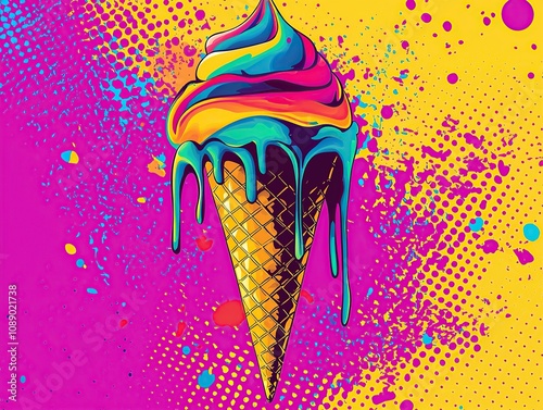 Vibrant psychedelic ice cream cone dripping with colorful swirls against a bold pop art background. Perfect for summer designs, food blogs, or fun, energetic projects.