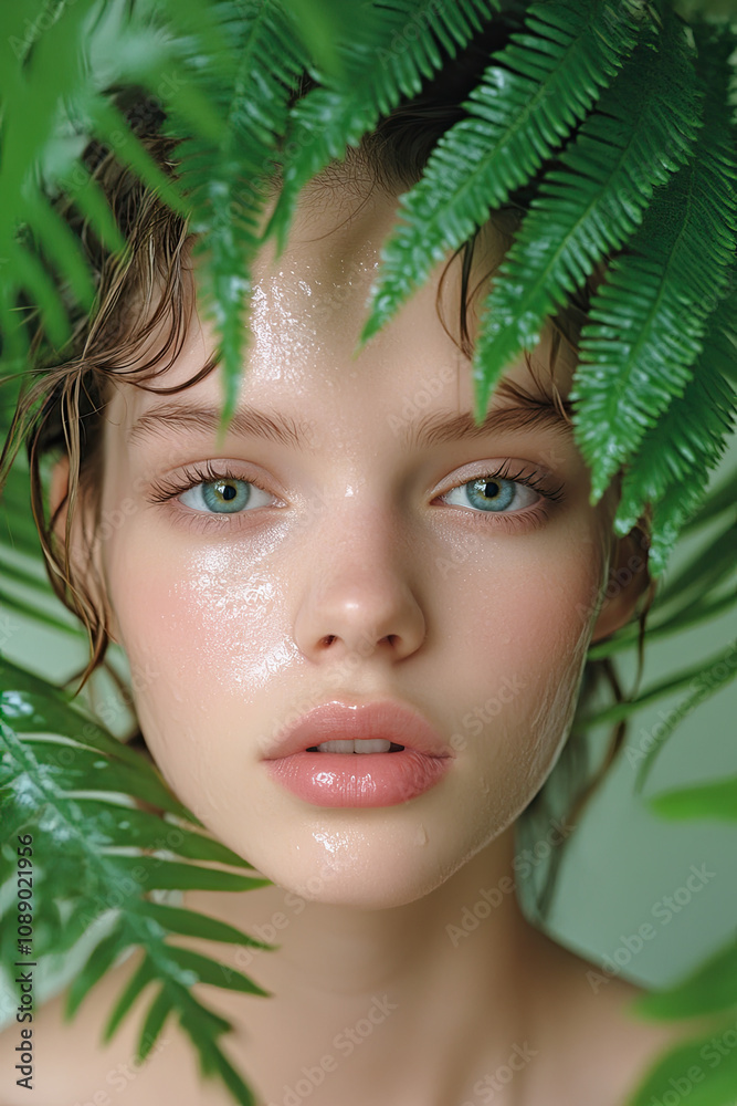 Beautiful young woman with perfect skin and natural makeup posing in front of tropical green leaves with fern. Teen model with wet hair, caring for her face and body. SPA, wellness Beautiful young woman with perfect skin and natural makeup posing in front of tropical green leaves with fern. Teen model with wet hair, caring for her face and body. SPA, wellness