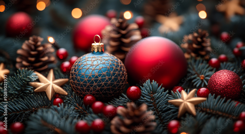 A blue and red ornament is surrounded by red berries and pine cones. The blue ornament is the center of attention and is surrounded by a variety of other ornaments. The scene conveys a festive A blue and red ornament is surrounded by red berries and pine cones. The blue ornament is the center of attention and is surrounded by a variety of other ornaments. The scene conveys a festive