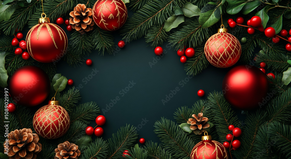A Christmas wreath with red and gold ornaments. The wreath is surrounded by green leaves and pine cones A Christmas wreath with red and gold ornaments. The wreath is surrounded by green leaves and pine cones
