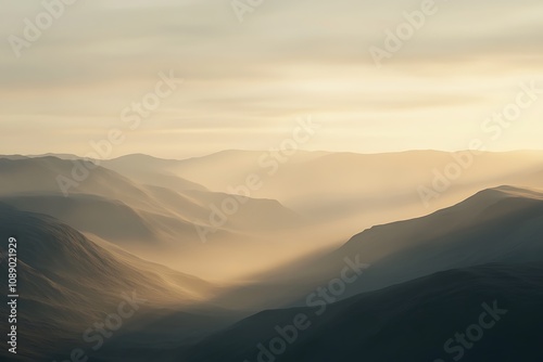 Serene Sunrise Mountain Landscape: Golden Rays Illuminate Misty Valley. Peaceful Panorama, Nature's Tranquility at Dawn