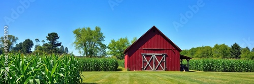 A quaint rustic red barn stands surrounded by lush green cornstalks and tall trees in a peaceful rural landscape under a clear blue sky, agricultural scene, open space, countryside