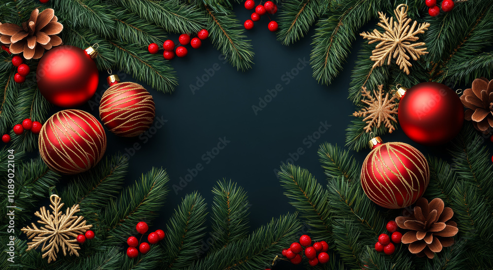 A Christmas tree with red and gold ornaments. The tree is surrounded by green leaves and berries A Christmas tree with red and gold ornaments. The tree is surrounded by green leaves and berries