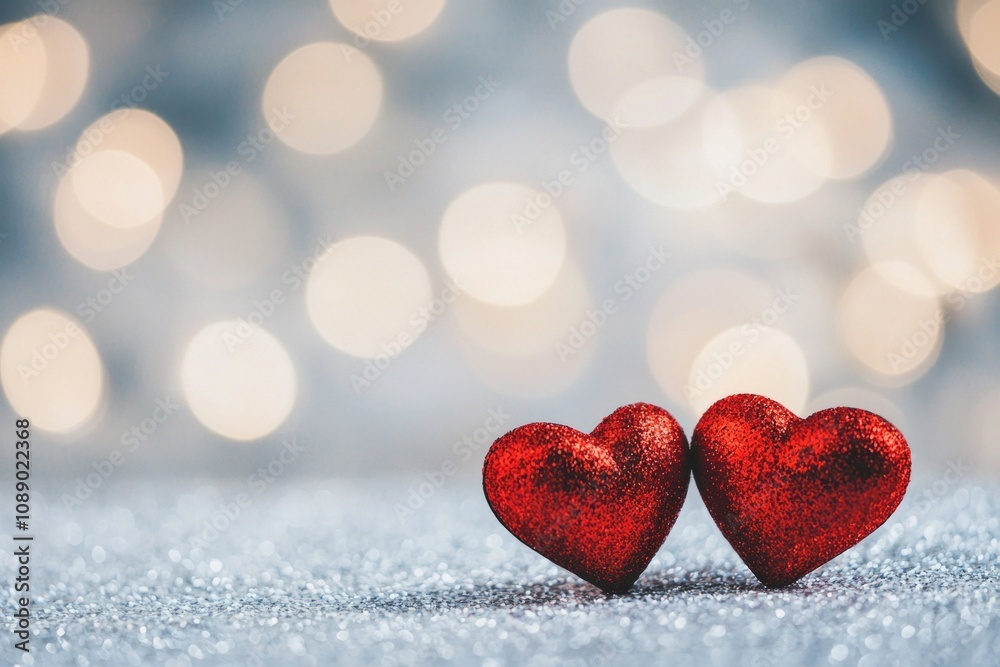 Two red hearts on a glittering background with bokeh lights, a romantic Valentine's Day background, a love concept. Two red hearts on a glittering background with bokeh lights, a romantic Valentine's Day background, a love concept.