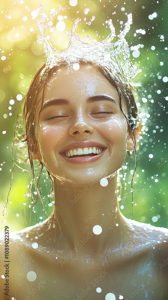 Obraz premium Smiling Woman with Water Droplets on Face - Natural Beauty Photography