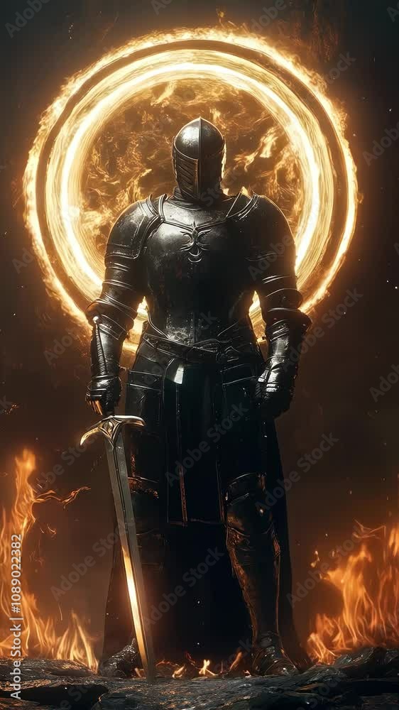 Black knight in full armor stands with his sword, behind him golden glow aura circle and flames surrounding it, in style of fantasy art and Middle Ages. A character for historical game. Vertical video Black knight in full armor stands with his sword, behind him golden glow aura circle and flames surrounding it, in style of fantasy art and Middle Ages. A character for historical game. Vertical video