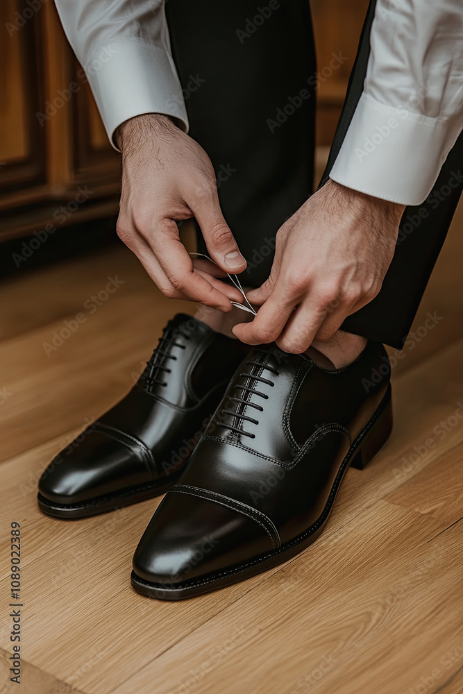 A man, a businessman on the wooden floor, ties his shoelaces with his hands on shiny black leather shoes. Wedding portrait of the groom in the morning. Preparation for work A man, a businessman on the wooden floor, ties his shoelaces with his hands on shiny black leather shoes. Wedding portrait of the groom in the morning. Preparation for work