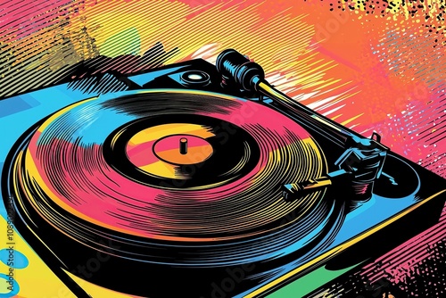 Vibrant pop art illustration of a turntable playing a vinyl record.  Perfect for music, DJ, retro, and vintage themes. photo