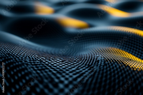 Abstract Dark Blue and Yellow Mesh Wave Background: Digital Technology, Geometric Pattern, Network Structure, Science Concept