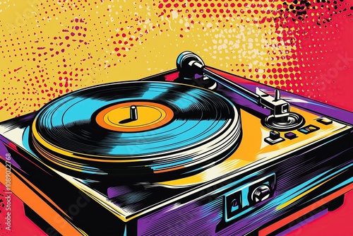 Vibrant pop art illustration of a vintage record player, showcasing a spinning vinyl record with bold colors and a retro style.