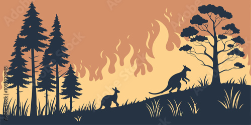 Forest fire burns in Australia. Forest fires with silhouette of wild animals. Burning forest spruces in fire flames isolated, nature disaster.
