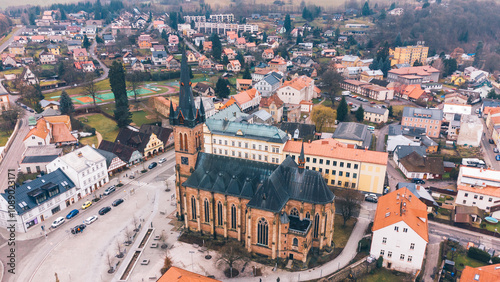 Aerial View European Town Center, Church, Vrchlabi, Czechia photo