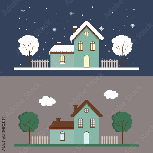 Snowy House In Winter Season And Summer Houses With Comfortable Environment