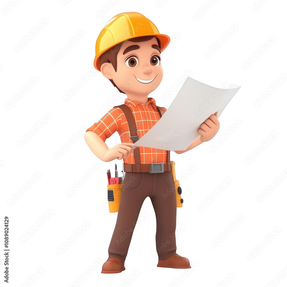 A cheerful cartoon builder examining construction plans with attention and enthusiasm., isolated on a transparent background. A cheerful cartoon builder examining construction plans with attention and enthusiasm., isolated on a transparent background.
