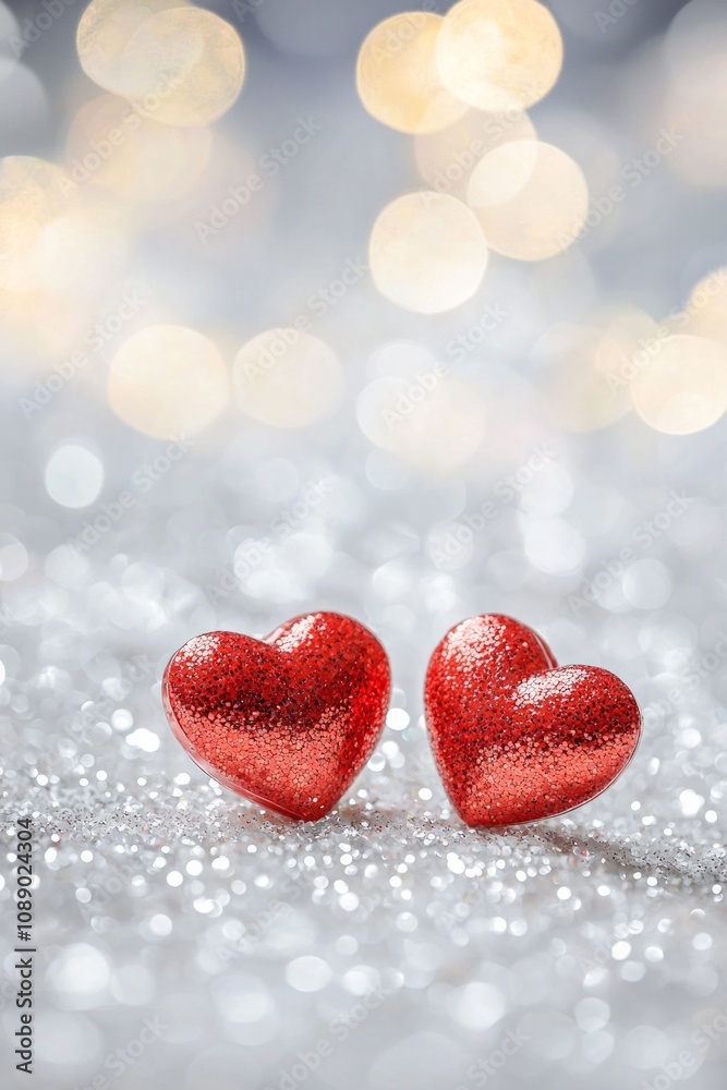Fototapeta premium Two red hearts on a glittering background with bokeh lights, a romantic Valentine's Day background, a love concept. 