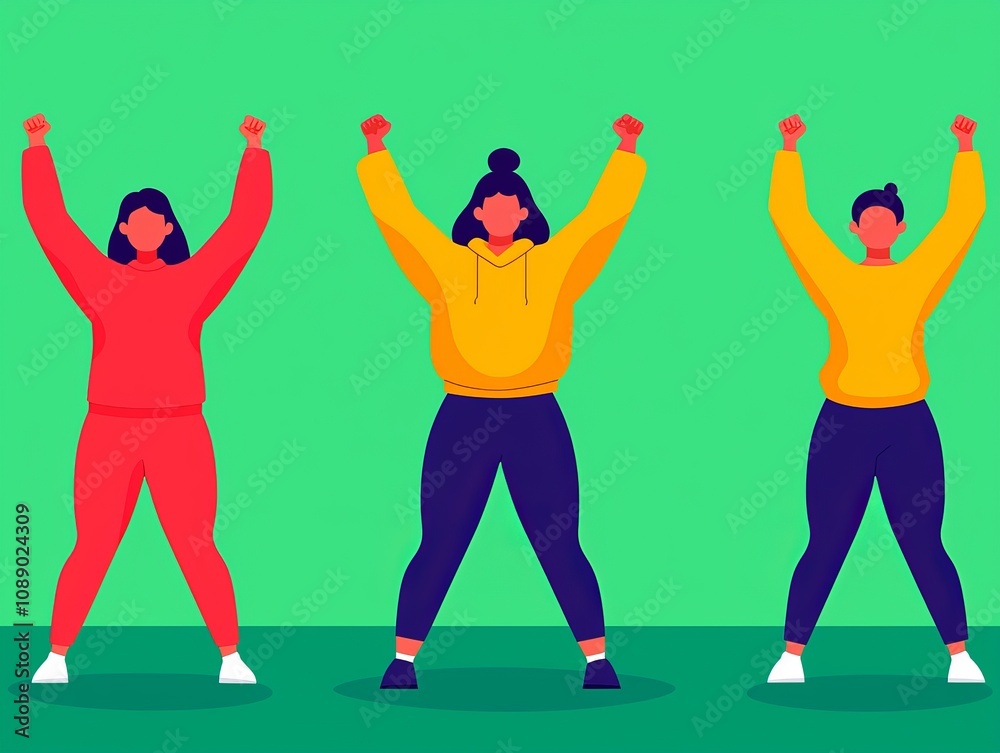 Three energetic women celebrate exercise success with raised arms against a vibrant green background.