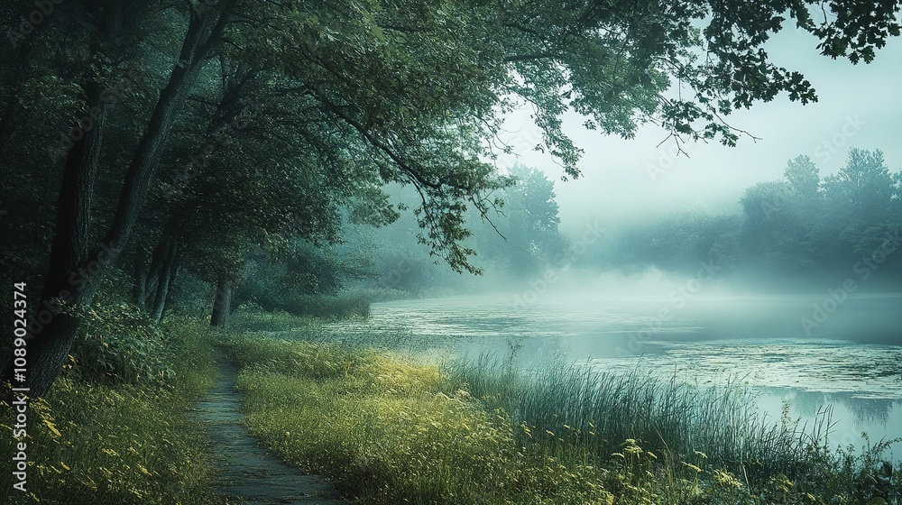 Tranquil misty lake walk serene nature scene photography lush greenery peaceful setting serenity concept Tranquil misty lake walk serene nature scene photography lush greenery peaceful setting serenity concept