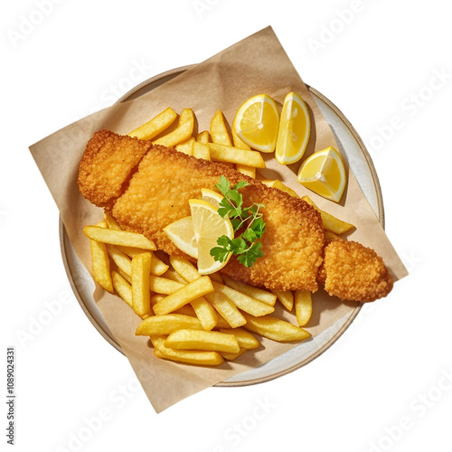 Crispy Fish and Chips on transparent background