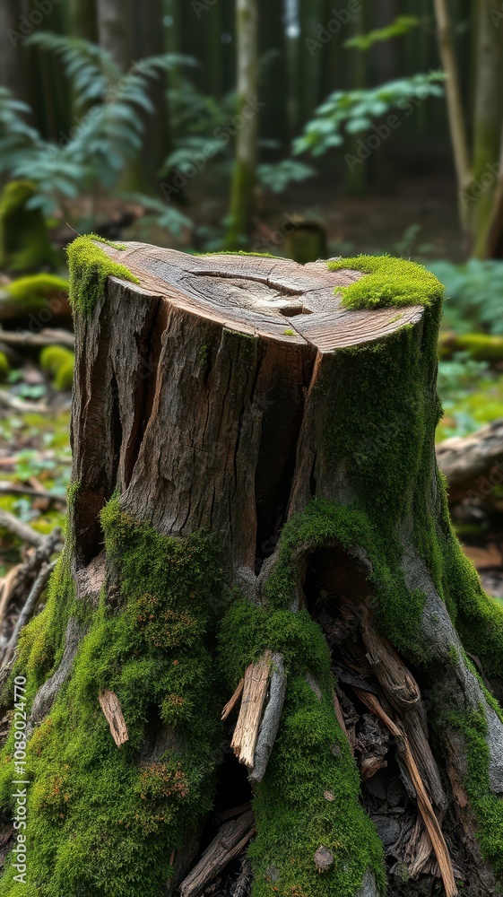 Moss-covered tree stump stands in a forest during the day Moss-covered tree stump stands in a forest during the day