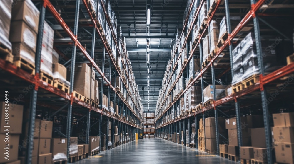 Obraz premium A warehouse with a lot of boxes on the shelves. There are many boxes on the shelves and the floor