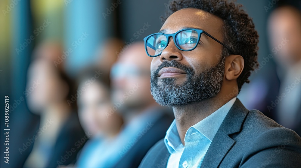 Obraz premium Smiling professional man attending a conference with colleagues