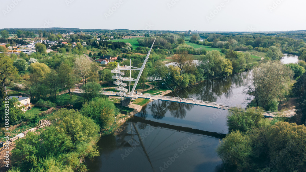 Aerial view of Pedestrian and Bicycle Footbridge. Owinska, Poland Aerial view of Pedestrian and Bicycle Footbridge. Owinska, Poland