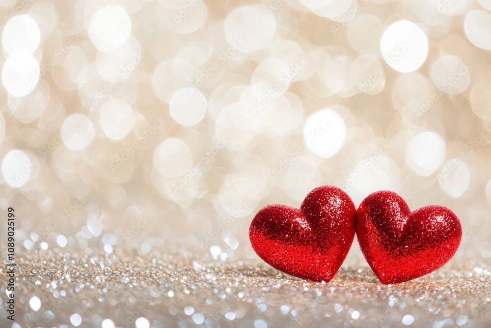 Fototapeta premium Two red hearts on a glittering background with bokeh lights, a romantic Valentine's Day background, a love concept.